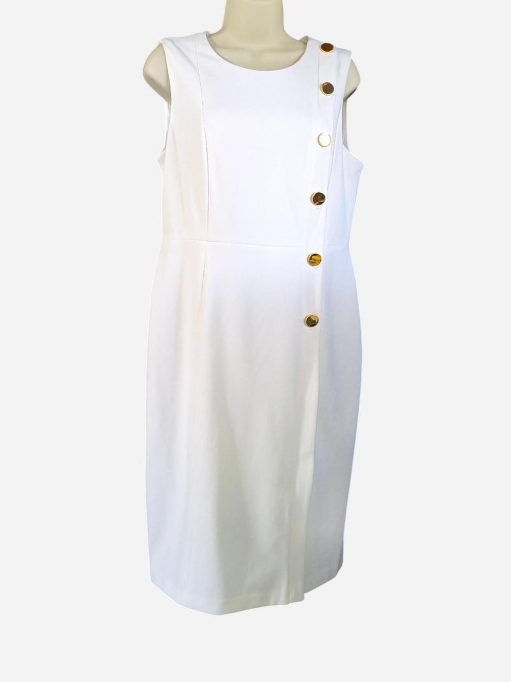 Chaps White Sleeveless Sheath Dress with Gold-Tone Buttons